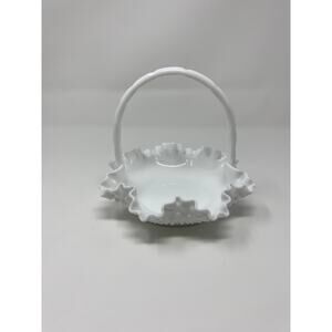 Vintage 1950s Hobnail White Milk Glass Ruffled Basket Candy Dish Basket 7"